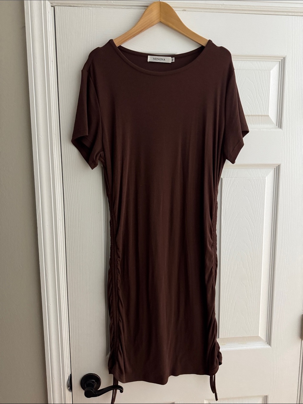 Brown Short Sleeve Ruched Side Knit Dress